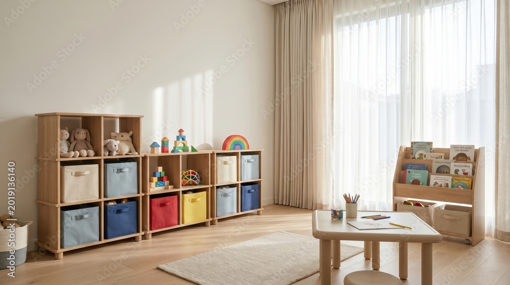 Obraz premium Clean and bright children playroom with wooden shelves, colorful storage bins, and a small craft table. Promoting home learning and creativity. Ideal for interior design or parenting content.