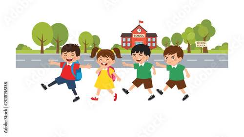 Fotografie Schoolbound Adventures: Cheerful young students happily stride towards school on a bright, sunny day, exuding enthusiasm and anticipation for the day's learning and play