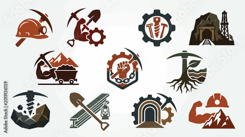 Fotografía Collection of industrial mining and construction icons representing labor, resources, and industry