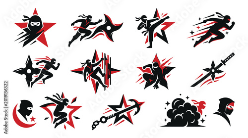 Bild auf Leinwand Collection of stylized ninja icons and symbols in black and red, representing action and combat