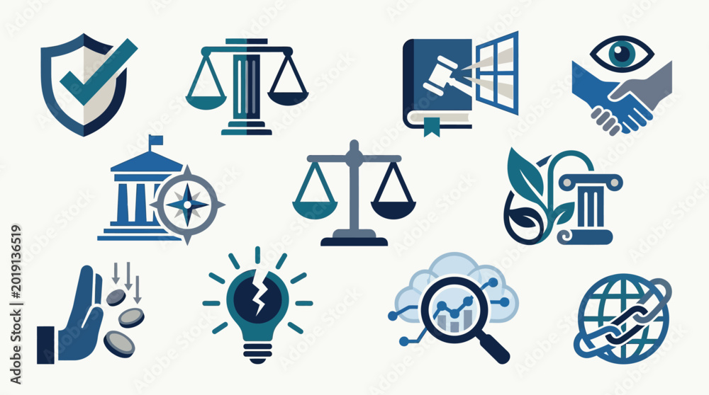 Fototapeta premium Collection of flat design icons representing law, justice, business, and finance concepts.