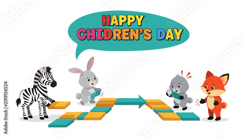 Φωτογραφία Happy Children's Day: A vibrant illustration celebrating Children's Day, featuring cheerful animal friends embarking on a collaborative adventure