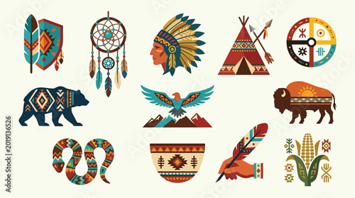 Foto Collection of Native American cultural symbols and icons in a flat design style