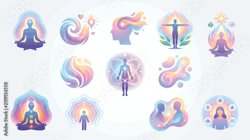 Bild auf Leinwand Collection of abstract spiritual and wellness icons representing meditation, energy, and inner peace