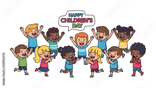 Принти на полотні Children's Day: A vibrant illustration celebrates the joy and innocence of childhood with a group of diverse kids, arms raised in cheerful unity