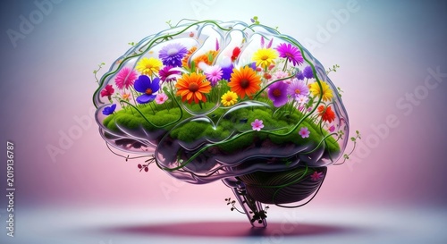 A translucent anatomical brain shape filled with blooming wildflowers, lush green moss, and twisting vines representing mental growth, life, psychology, flora
