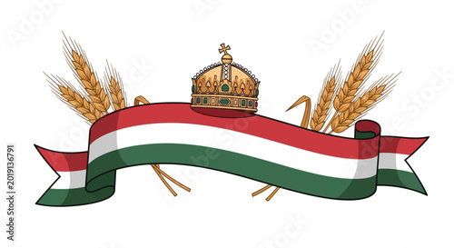 Hungarian flag ribbon with crown and wheat
