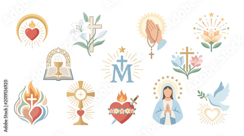 Bild auf Leinwand Collection of Christian religious symbols and icons, including the Sacred Heart, Immaculate Heart, Virgin Mary, crosses, chalice, dove, and lilies