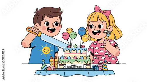 Slika na platnu Joyful Celebration: Two cheerful children, filled with glee, share a birthday cake, complete with colorful decorations and gifts