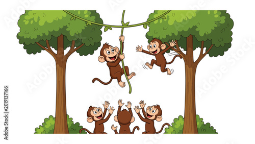 Canvas Print Playful Monkeys in Jungle: A lively troupe of monkeys revels in their jungle habitat, swinging from vines and branches, displaying a spirit of carefree joy
