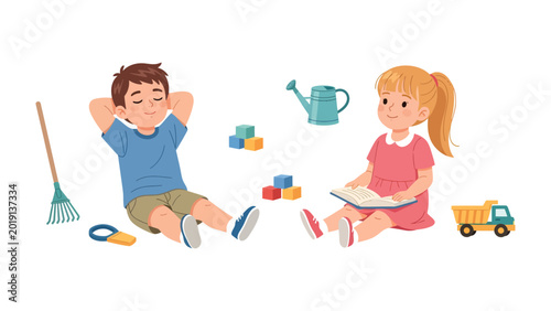 Foto Children's Playtime: A heartwarming scene unfolds as a young boy and girl immerse themselves in playful activities, with the girl engrossed in a book and the boy relaxing nearby