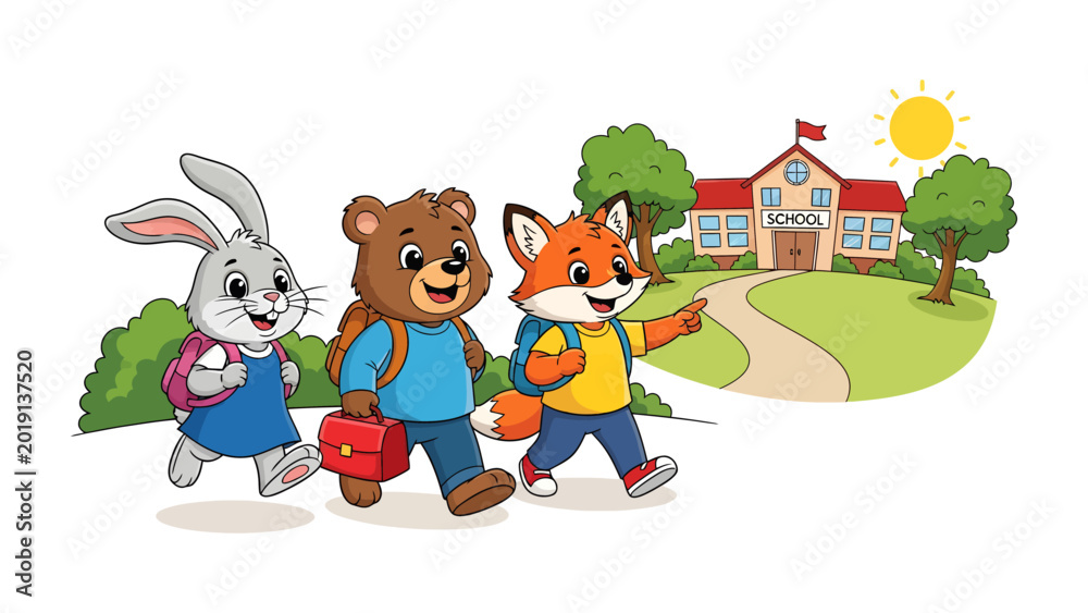 Naklejka premium First Day Friends' Adventure: Three cheerful animal friends, a bunny, a bear, and a fox, embark on an exciting journey towards school. The school building, with the sun shining above.