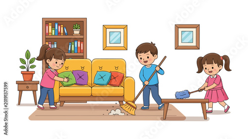 Foto Tidy Home Harmony: Illustrative scene of three kids tidying the room, each contributing to a collective clean space, embodying the essence of teamwork and responsibility