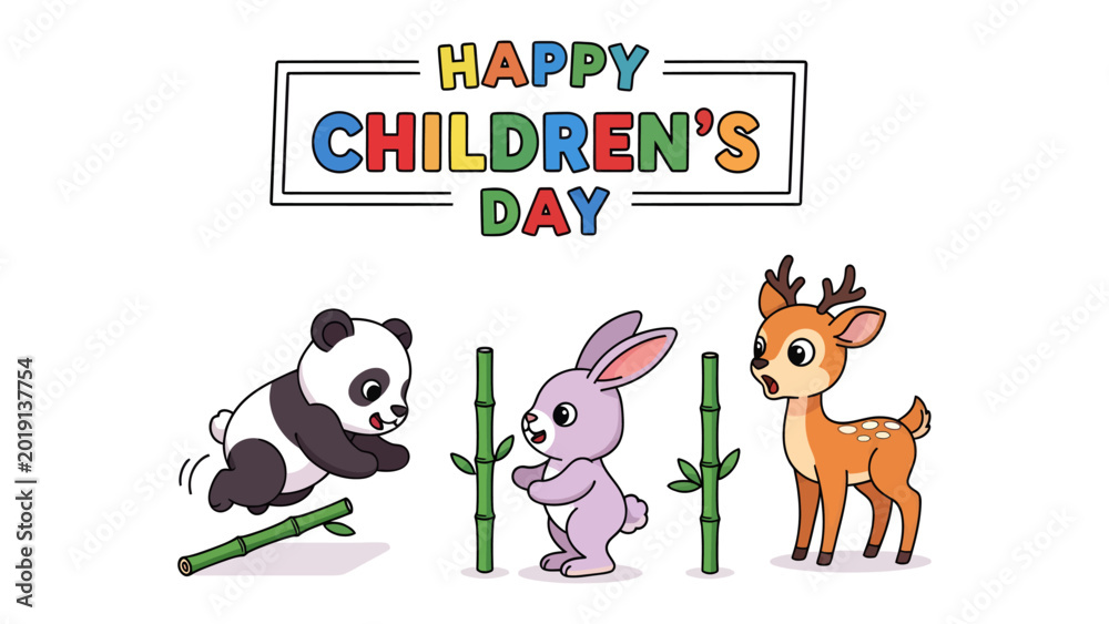 Fototapeta premium Happy Children's Day Cartoon: Cute panda, bunny and deer, celebrating the cheerful kids day with joy and happiness, in a joyful and colorful environment.