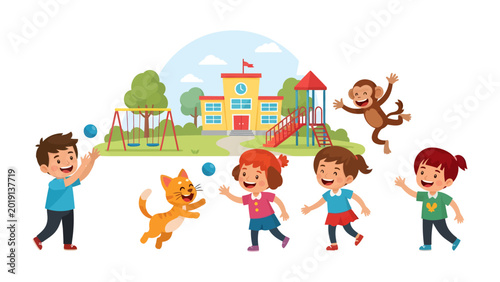Children's Playful Daydream: A vibrant scene unfolds as children engage in playful activities, with a school building setting the backdrop for a day filled with laughter, fun and friendship.