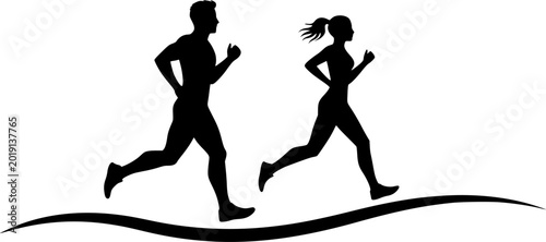 Running man and woman, isolated vector silhouettes. Run, side view. Silhouettes of athletic looking male and female runners running. Transparent EPS version.