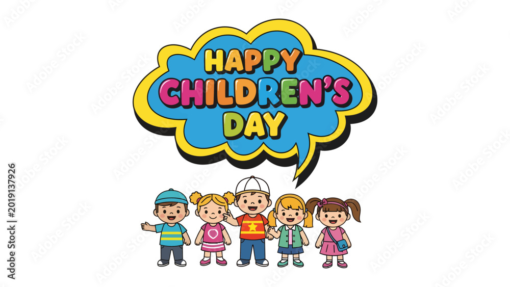 Naklejka premium Celebrating Children's Day: A vibrant illustration showcasing a group of cheerful children, complemented by festive text, captures the essence of childhood joy and the spirit of a special day.
