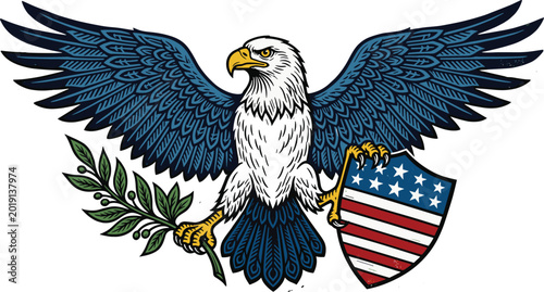 Patriotic American bald eagle vector illustration with outspread blue wings holding olive branch and US shield