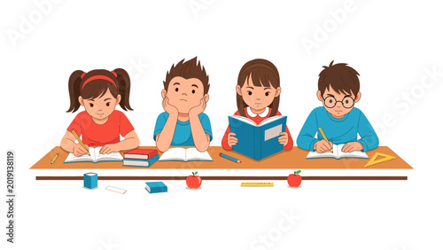 Canvastavla School Days Scene: Young learners engrossed in studies, each immersed in their own world of books and pens, fostering a bright environment of education and potential