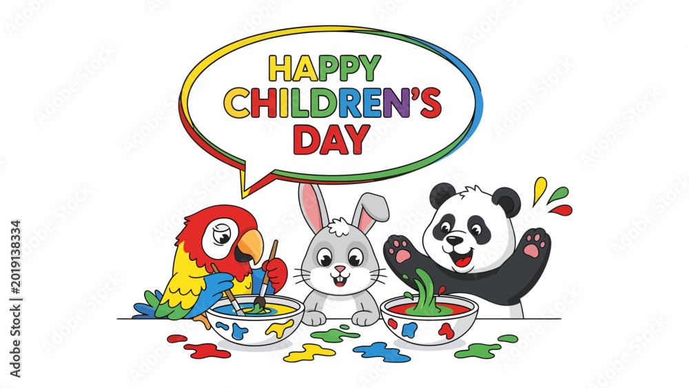 Fototapeta premium Happy Children's Day: A vibrant illustration celebrating Children's Day, featuring a cheerful parrot, rabbit, and panda joyfully painting, with a colorful speech bubble conveying the message.