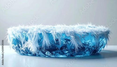 Close-up of a Frosted Blue Glass Bowl with White Feathers.