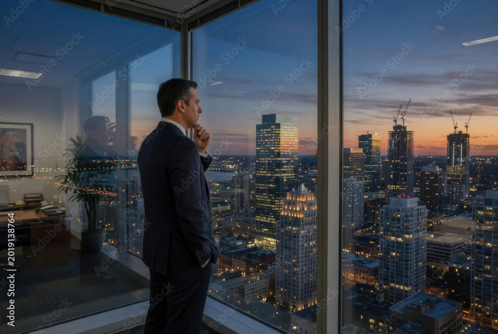 Fototapeta premium Businessman skyline office reflection at dusk contemplating city view with evening lights