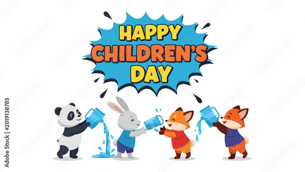 Fototapeta premium Happy Children's Day: A vibrant illustration showcasing cheerful animal characters celebrating childhood, embodying joy, and the innocence of youth.