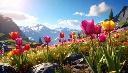 Vibrant Tulip Field with Majestic Snow-Capped Mountains Under a Sunny Sky.