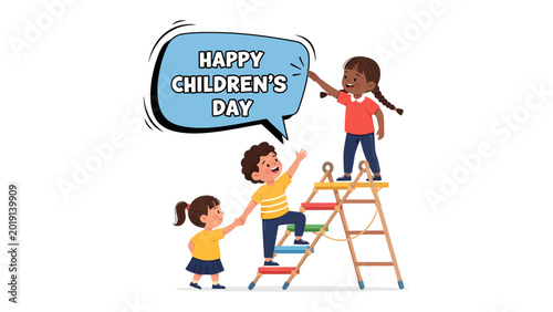 Foto Happy Children's Day: A vibrant illustration celebrates childhood, featuring thr