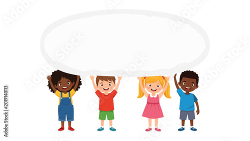 Fotografija Kids Holding Message Bubble: Four diverse children joyfully hold aloft a blank message bubble, representing unity, communication, and the power of collective voices and a space for a message
