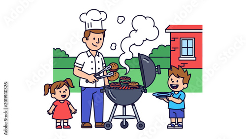 Εκτύπωση καμβά Barbecue Bonanza: A cheerful family moment unfolds as a dad, donning a chef's hat, skillfully grills food while his children eagerly anticipate the delicious feast