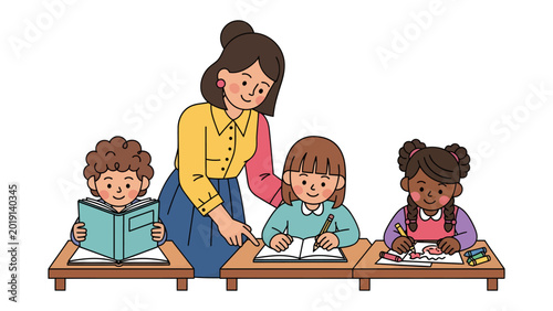 Tableau sur toile Teacher Guiding Students: In a classroom setting, an instructor mentors eager students, highlighting the value of education and the nurturing environment it offers