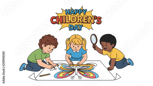 Konstfotografi Joyful Children's Day: A trio of children enthusiastically engage in creative endeavors, crafting a vibrant butterfly on a large paper, celebrating the spirit of youth and imagination