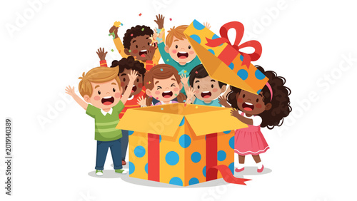 Cuadro en lienzo Joyful Surprise: A burst of glee as a group of children eagerly unwrap a large gift box, their faces alight with excitement and anticipation