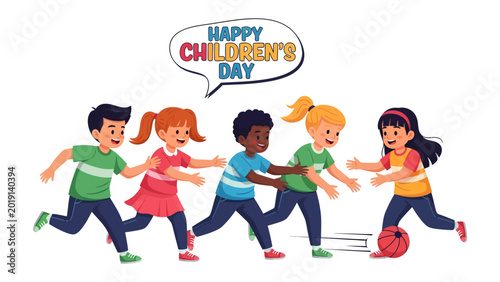 Fotografi Children's Day Joyful Gathering: A vibrant illustration depicts children engaged in cheerful play and celebrating Children's Day, symbolizing joy and togetherness