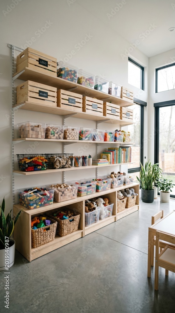 Obraz premium Labeled wooden shelves and baskets organize toys and art supplies in a bright room. A Montessori inspired space promoting independence and order. Ideal for home decor or parenting blogs.