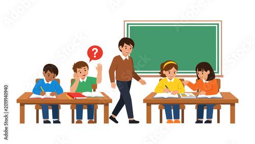 Fotografía Curious Classroom: A scene inside a classroom where the students are engrossed in learning activities, with one student's hand raised to seek clarification
