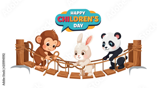 Obraz na płótnie Children's Day: A captivating illustration featuring a playful monkey, a charming rabbit, and a cuddly panda on a playful bridge celebrating children