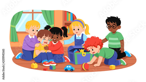 Foto Childhood Compassion: Children gather to offer comfort to a crying friend, their gestures of empathy highlighting the importance of kindness and support in early development