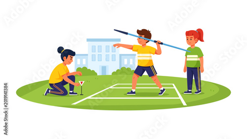 Tableau sur toile Kids in Javelin competition: Young athletes compete in a javelin competition on a sports field, focusing on technique and sportsmanship, symbolizing teamwork, dedication