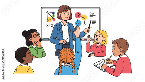 Konstfotografi Enlightening Education: A teacher passionately instructs a group of young students, fostering curiosity and knowledge in a vibrant learning environment