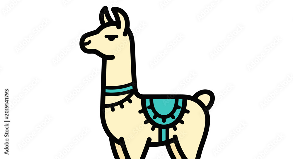Naklejka premium Cute Llama Illustration with Teal Saddle and Decorative Pattern