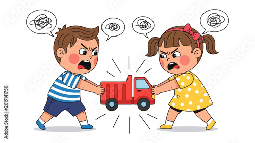 Foto Children's Conflict: A cartoon depicts two children engaged in a heated dispute, each pulling on a red toy truck, with angry expressions
