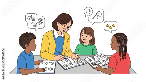 Tableau sur toile Interactive Learning: A caring educator guides a group of attentive children through a captivating learning experience
