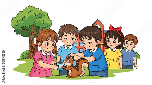 Foto Nurturing Harmony: A group of children tenderly interacts with a small squirrel in a heartwarming outdoor scene, evoking feelings of compassion and friendship