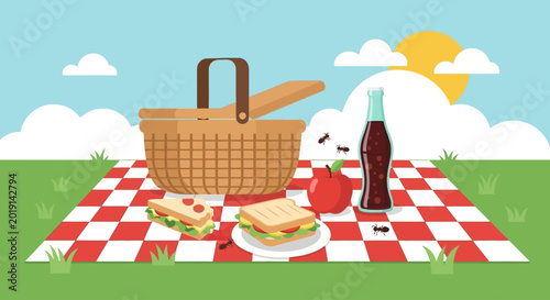 Photos Ants invade a sunny picnic with sandwiches and drinks.