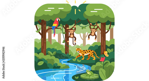 Canvas Print Vibrant tropical rainforest with diverse wild animals and a winding river