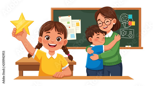 Tableau sur toile Joyful classroom moments: A star student and the teacher's hug represent the joys of education, illustrating the nurturing bond in the classroom
