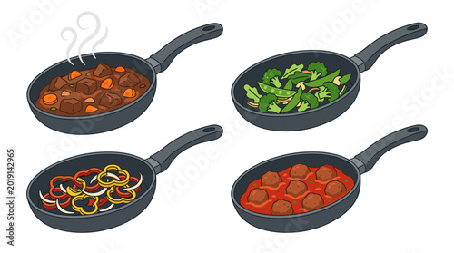 Cooking Pan Meal Collection with Meatballs, Vegetables, Stir Fry, and Stew Recipes for Homemade Food and Kitchen Vector Design