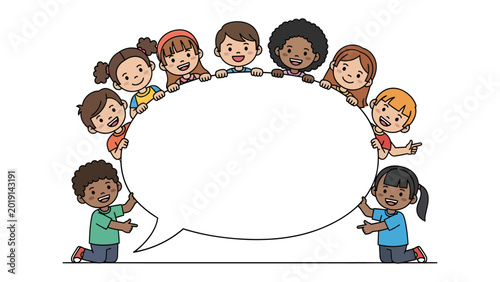 Children's Voices: A circle of diverse children surrounds an empty speech bubble, symbolizing communication and dialogue